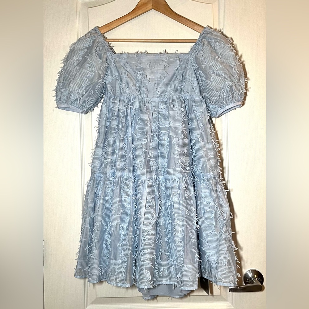 NWT Moomtan Light Blue Tiered Puff Sleeves Dress Feminine Wedding Guest Prom, S
